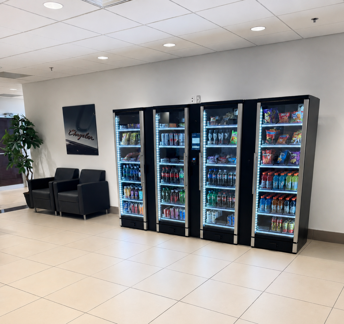 Four Instant Systems Smart Store cabinets installed in a professional workplace lobby, fully stocked with beverages and snacks, with office seating visible nearby